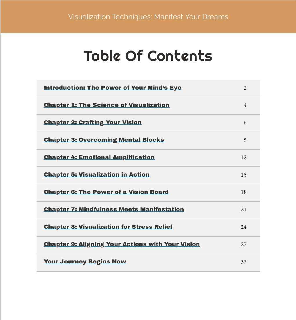 Table of Contents – Visualization Techniques: Manifest Your Dreams