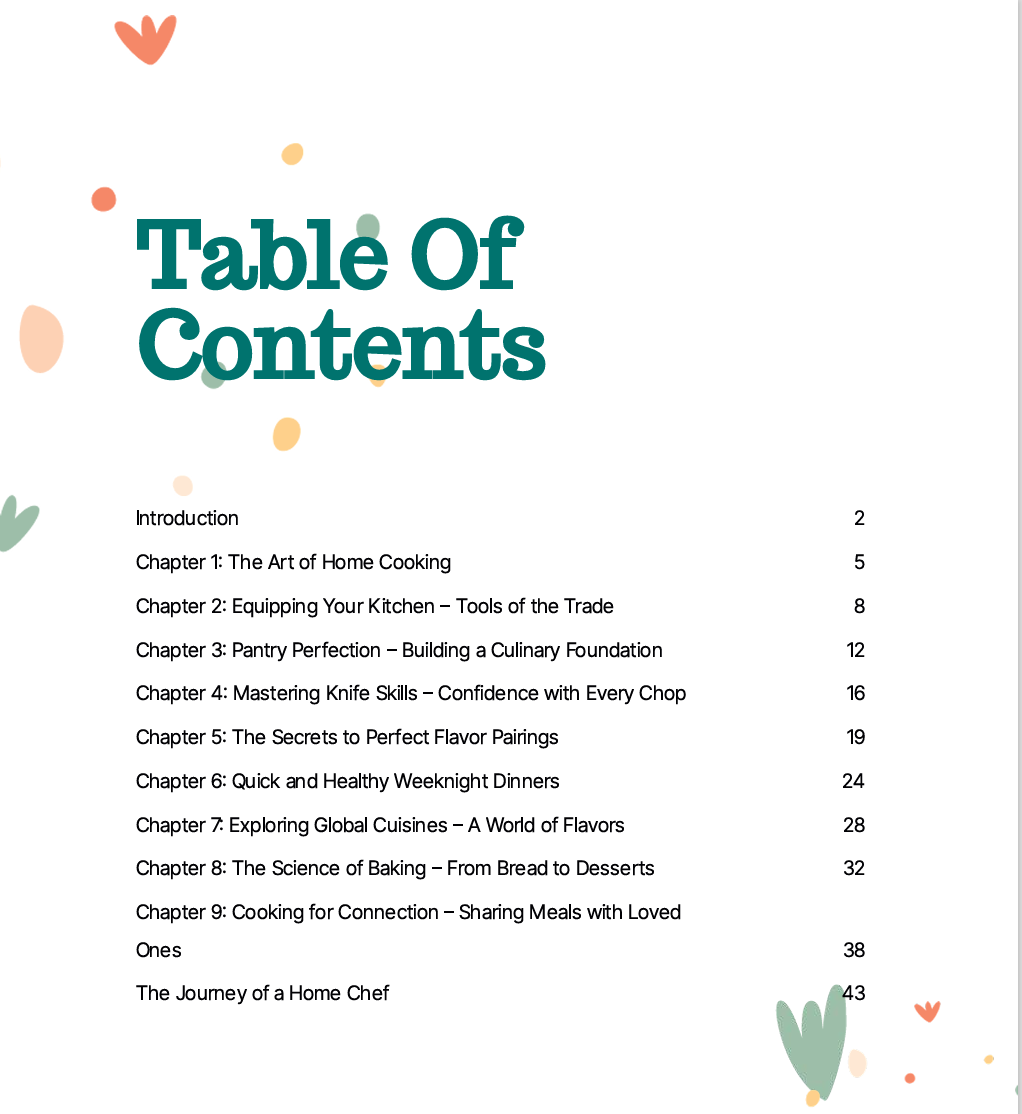 Table of Contents – The Art of Home Cooking: The Journey of a Home Chef
