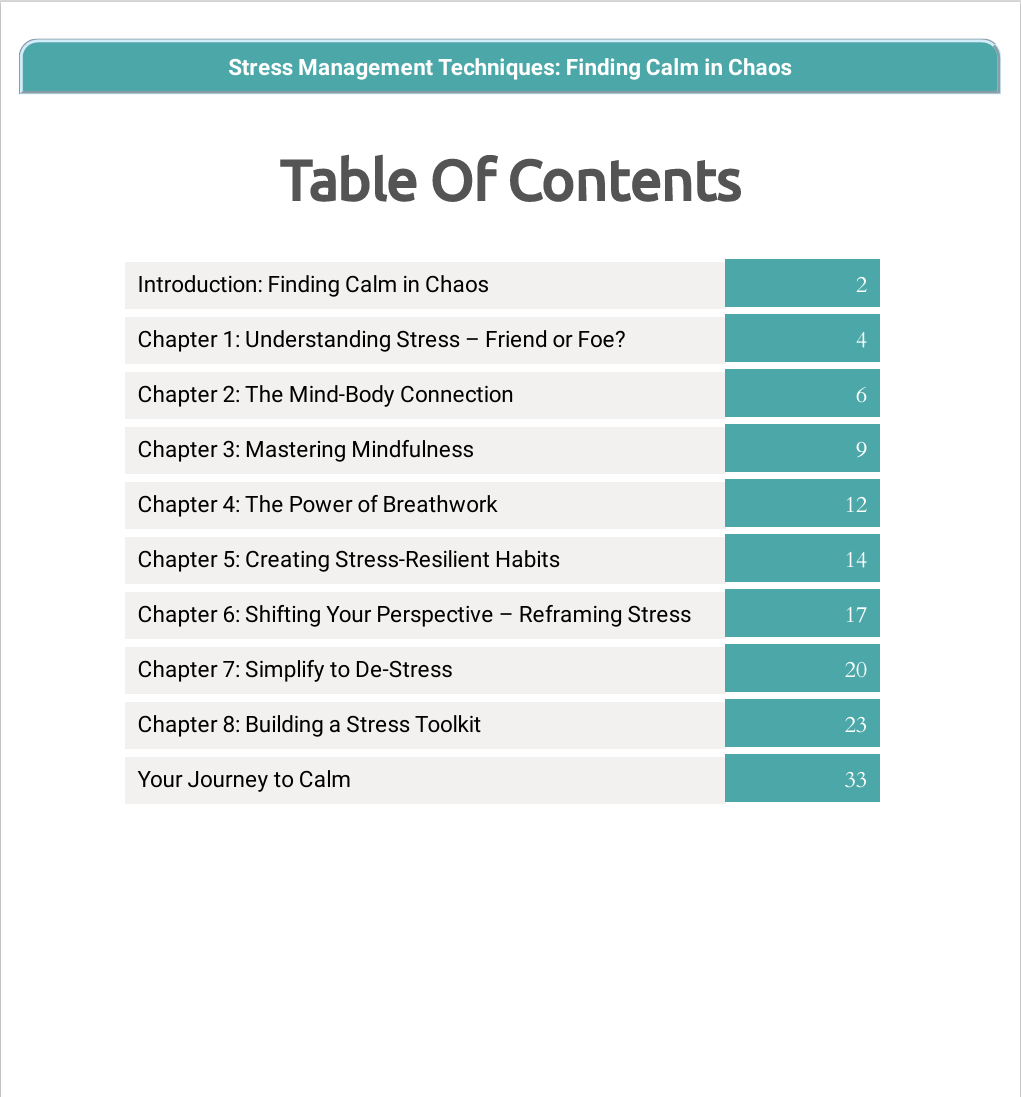Table of Contents – Stress Management Techniques: Finding Calm in Chaos
