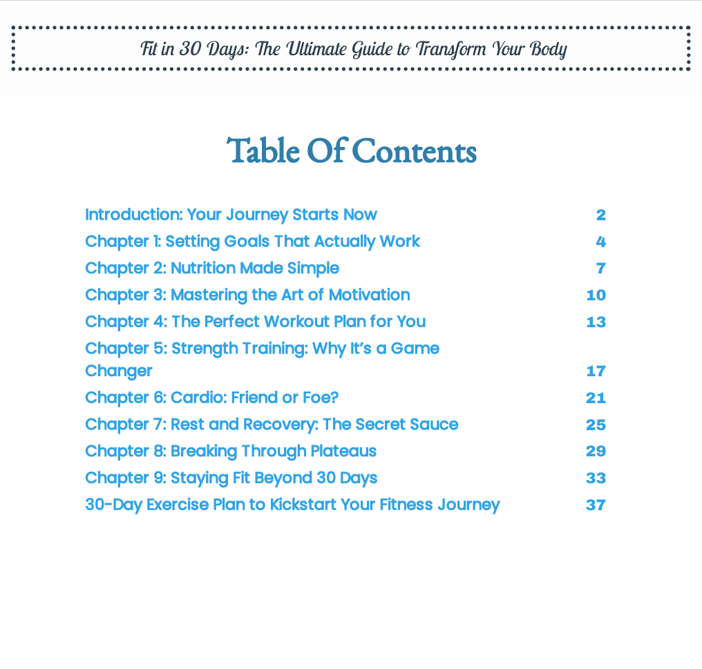 Table of Contents – Fit in 30 Days: The Ultimate Guide to Transform Your Body