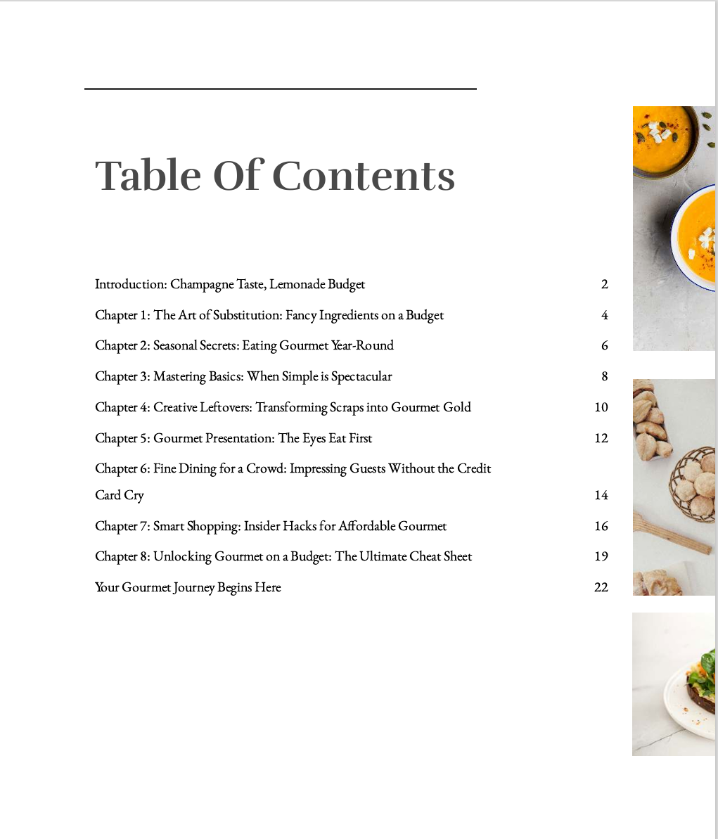 Table of Contents – Gourmet Cooking on a Budget: Champagne Taste, Lemonade Budget