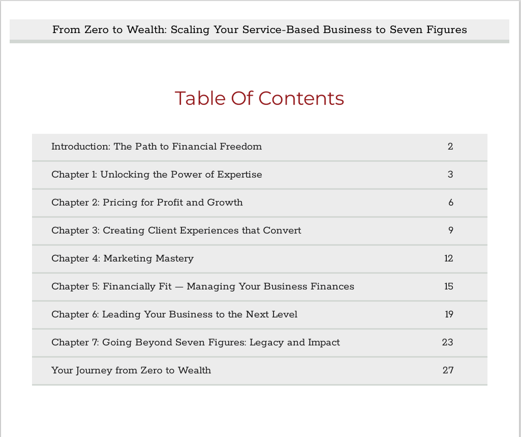 Table of Contents – From Zero to Wealth: Scaling Your Service-Based Business to Seven Figures
