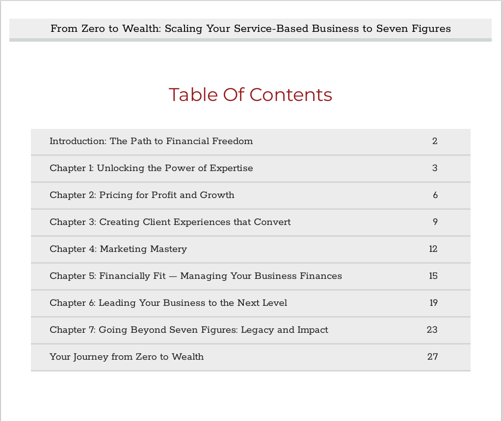Table of Contents – From Zero to Wealth: Scaling Your Service-Based Business to Seven Figures