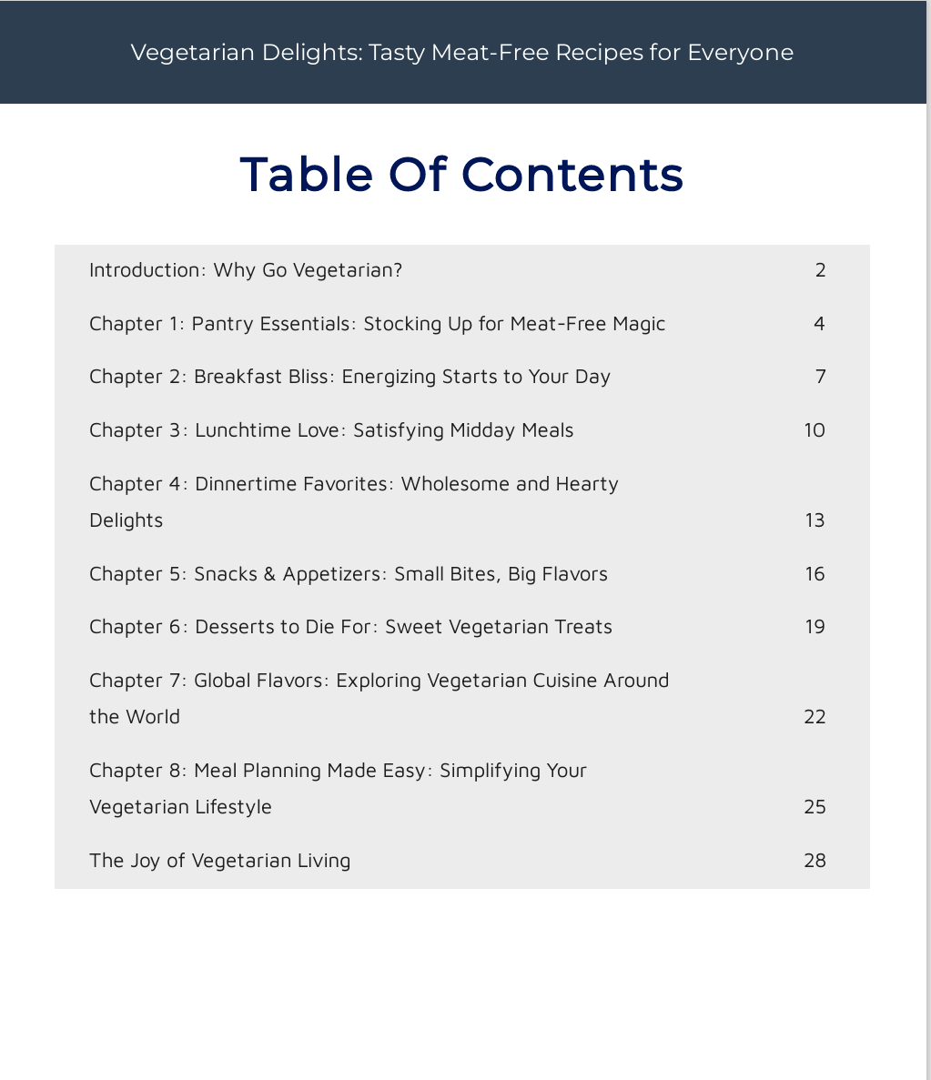 Table of Contents – Vegetarian Delights: Tasty Meat-Free Recipes for Everyone